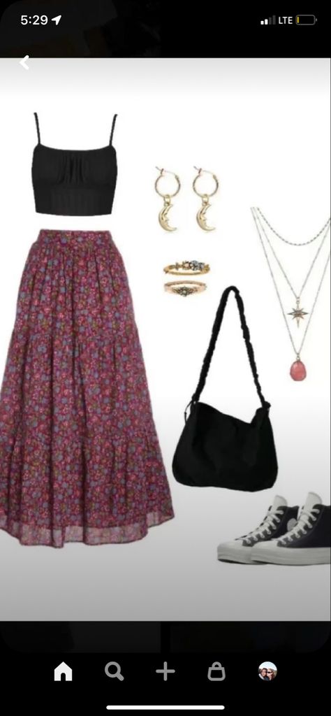 Long Skirt Tank Top Summer Outfits, Tank Top And Long Skirt Outfit, Converse And Long Skirt, Long Skirt Asethic, Long Skirt And Tank Top Outfit, How To Style Long Skirts Summer, Indie Long Skirt Outfits, Long Skirt And Converse Outfit, Modest Tank Top Outfit