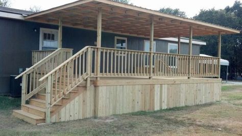 Covered Deck 16x20 with metal 16x20 Deck, Mobile Home Steps, Mobile Home Deck, Manufactured Home Porch, Mobile Home Exteriors, Porch Kits, Building Stairs, Building A Porch, Patio Deck Designs