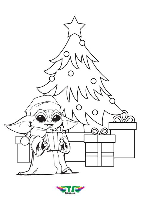 Baby Yoda and Christmas Tree Coloring Page For Kids Star Wars Colouring Pages, Baby Yoda Coloring Page, Grogu Drawing, Disney Christmas Coloring Pages, Winter Coloring Pages For Kids, Baby Yoda Christmas, Santa Coloring, Christmas Tree Coloring, How To Draw Santa