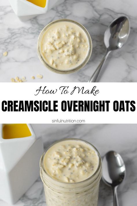 These Orange Creamsicle Overnight Oats are a quick and easy make-ahead breakfast recipe that tastes just like a creamsicle pop! Made with just 6 simple ingredients | @sinfulnutrition #sinfulnutrition #overnightoatsrecipe #creamsicleoats #makeaheadbreakfast Oatmeal In A Jar, Healthy Oatmeal Recipes, Cream Of Wheat, Healthy Breakfast Recipes Easy, Orange Creamsicle, Healthy Oatmeal, Fruity Pebbles, Overnight Oats Recipe, No Calorie Foods