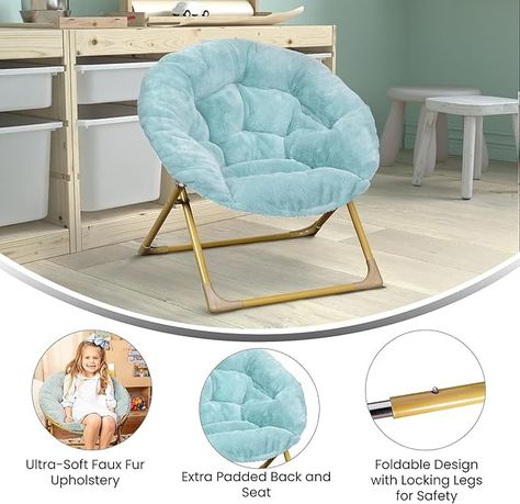 Amazon.com: Flash Furniture Gwen 23" Kids Cozy Mini Folding Saucer Moon Chair for Toddlers and Bedroom, Set of 1, Ivory Faux Fur/Soft Gold Frame : Home & Kitchen Kids Lounge Chair, Saucer Chair, Kids Playroom Furniture, Moon Chair, Toddler Chair, Cozy Chair, Bedroom Playroom, Playroom Furniture, 150 Lbs