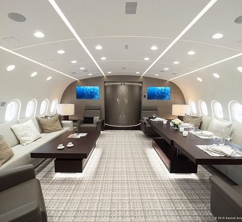 In addition to the Marc Newson plane, I found another opposite-of-coach flying experience, and this one's a doozy: A company called Kestrel Aviation Management was hired to transform a freaking Boeing 787 Dreamliner into a private jet. "This 2,400 sq.ft., 40-seat corporate aircraft," the company writes, "has a nearly 9,800 Luxury Travel Essentials, Jet Design, Luxury Travel Accessories, Private Jet Interior, Jet Privé, Luxury Travel Bag, Luxury Jets, Boeing 787 Dreamliner, Luxury Private Jets