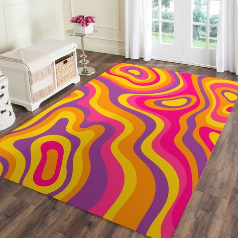 "Orange Purple Groovy Psychedelic Rug, Colorful Floor Mat, Hippie Retro Vibes, Bohemian Area Rug This area rug grounds your indoor or outdoor space in a geometric motif and modern style. Our Carpets consist of Non-Slip Cotton Base, Soft Shiny Microfiber Polyester Feathers on the Top. and it has a 0.35\"   medium pile height ideal for high-traffic areas like your patio, entryway, or living room. Best of all, it's stain-resistant to stand up to the occasional spill or splash. Get ready to turn heads with our pet-friendly and easy-to-care-for area rugs. *100% Polyester/friendly microfiber. Area rug for living room bedroom kitchen.This bohemian abstract rug is safe to pet and children,there isn't any bad smells on this runners floor carpets. *Since our rugs use digital printing technology at h Colorful Entryway Ideas, Groovy Apartment, Groovy Kitchen, Groovy Bedroom, Random Furniture, 70s Bedroom, 70’s Decor, Colorful Floor, Modern Doormats