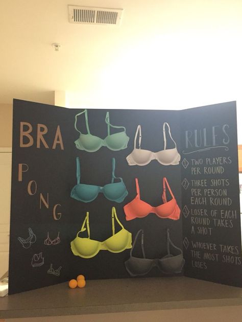 Bachelorette game. Bra pong my roommate and I made for a bachelorette party. Materials: -black display board (bought @ Michaels) -metallic sharpies (Target) -6 neon bras (Walmart) -hot glued the bras on so they would stay in place Bras Walmart, Bra Pong, Bachelorette Game, Drinking Games For Parties, Bachelorette Party Planning, Bridal Bachelorette Party, Bachelorette Games, Lingerie Shower, Fun Party Games