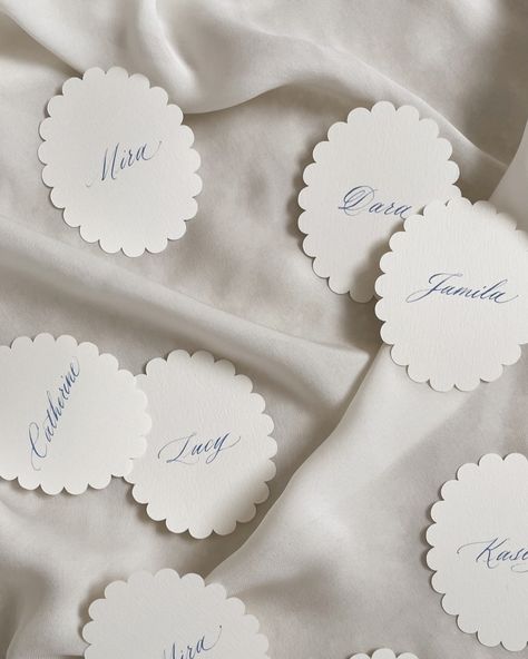 I took some inspiration from the sky with these place cards! The scalloped edges remind me of the fluffy contours of a cloud, all in a style that I love. I mixed in my own custom sky blue ink to add that perfect touch. ☁️💙 #nzcalligrapher #moderncalligraphy #placecards #weddingdetails #weddingstationery #somethingblue #escortcards #scallopededgeplacecards Clay Place Cards, Scalloped Edges, Modern Calligraphy, A Style, Something Blue, Blue Ink, Scalloped Edge, Place Cards, Wedding Details