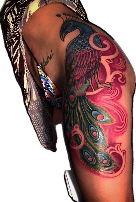 Thigh Peacock Tattoos Women, Peacock Woman Tattoo, Peacock Hip Tattoos Women, Peacock Tattoo On Thigh, Peacock Hip Tattoo, Peacock Thigh Tattoo, Thigh Tattoos With Color, Peacock Tattoo Thigh, Hip Cover Up Tattoos Women