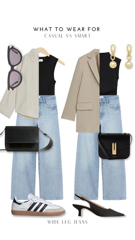 Styling h&m blue wide leg jeans for a casual weekend to a smart evening. Wide Leg Jeans Outfit Summer, Wide Leg Jeans Outfits, Business Casual Jeans, Style Wide Leg Jeans, Jeans Outfit Spring, Wide Leg Jeans Outfit, Legs Outfit, Fashion Trends Winter, Smart Casual Outfit