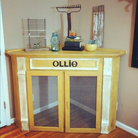 Corner Mantel to Dog Crate - Simply Janelle Designs Rambo 3, Diy Dog Crate, Bunny Stuff, Large Dog Crate, House Dining Room, Diy Dog Bed, Dog Tips, Dog Rooms, Kitchen Corner