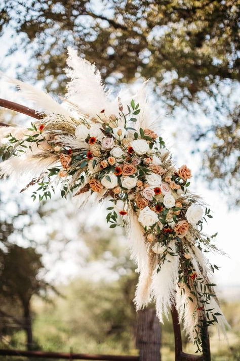 Pampas Grass And Flowers Wedding, Flowers For Wedding Aisle Chairs, Pampas Grass Alter, Fall Wedding Flowers Pampas, Pampas And Wildflower Wedding, Hexagon Arch Floral Arrangement, Boho Wedding Flower Arch, Pampas Flower Arch, Arch Decoration Wedding Boho