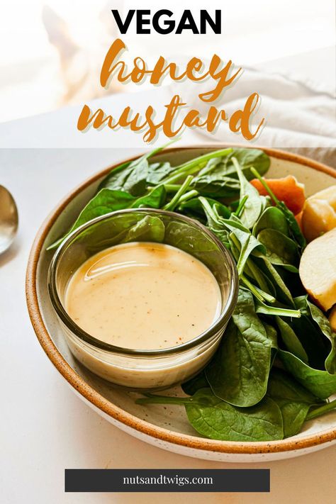 vegan honey mustard dressing in a bowl next to salad. Vegan Honey Mustard Dressing, Healthy Honey Mustard, Vegan Honey Mustard, Vegan Dressing Recipes, Vegan Dressings, Vegan Honey, Vegan Dressing, Healthy Honey, Honey Mustard Dressing