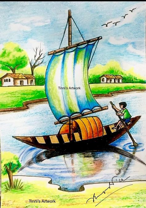 Boat Scenery Drawing, Land Scape Drawing Easy, Land Scape Drawing, Nature Drawing Pictures, Beautiful Scenery Drawing, Scenery Drawing For Kids, Village Scenery, Oil Pastel Landscape, Easy Scenery Drawing