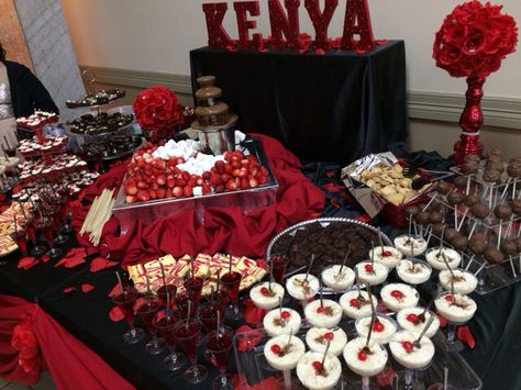 Red desert table , quinceañera, Red Quinceanera Theme, Valentines Day Deserts, Red Quinceanera Ideas, Quinceanera Red, Red Snacks, Quince Planning, Red Desserts, Red Quince, Red Desert