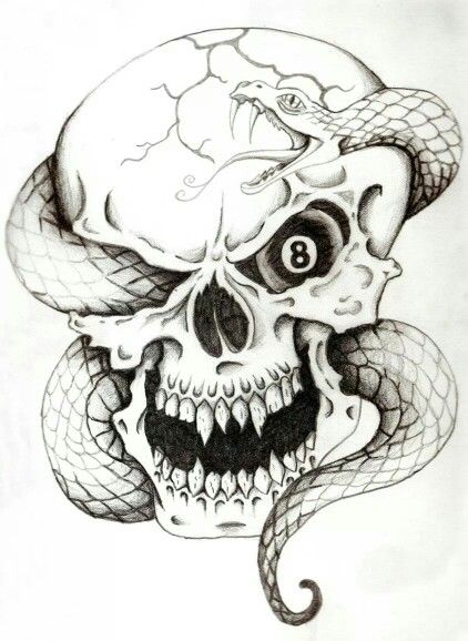 8 ball Skull And Snake Tattoo, Skull And Snake, Skull Hand Tattoo, Skull Stencil, Snake Drawing, Skull Coloring Pages, Snake Tattoo Design, Sugar Skull Tattoos, Skulls Drawing