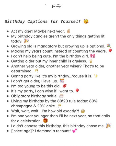 Captions Instagram For Yourself, Birthday Captions For Myself, Happy Birthday Captions, Bday Quotes, Witty Instagram Captions, Birthday Quotes For Me, Clever Captions For Instagram, Birthday Captions Instagram, Good Insta Captions