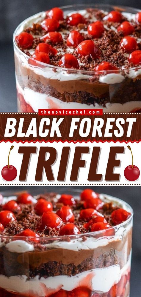 Black Forest Trifle, chocolate, sweet treats Cherry Trifle Recipes, Cherry Trifle Desserts, Forest Desserts, Triffle Recipe, Black Forest Trifle Recipe, Black Forest Trifle, Trifle Bowl Recipes, Trifle Cake, Trifle Dessert Recipes