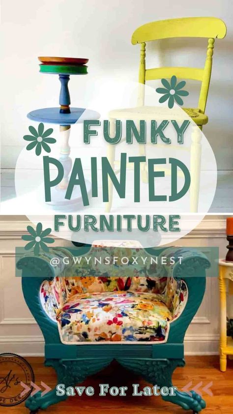 Funky Painted Furniture Furniture Painting Ideas Designs, Funky Painted Furniture Bohemian, Whimsical Painted Furniture Ideas, Boho Painted Furniture, Chair Painting, Old Wooden Chairs, Eclectic Chairs, Hand Painted Chairs, Painted Night Stands