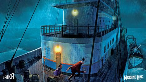 The chase sequence on board the SS Manchuria (depicted in this concept art) was one of the biggest and most complicated action scenes in #MissingLink. Link Illustration, Action Scene, Laika Studios, The Missing Link, The Chase, Memorable Quotes, Missing Link, The Missing, Stop Motion