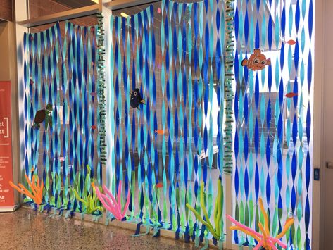 Underwater Display Classroom, Ocean Theme Window Display, Underwater Door Decorations, Ocean Window Display, Underwater Hallway Decorations, Ocean Commotion Vbs Decorations, Ocean Commotion Vbs, Vbs Ocean Theme, Teacher Appreciation Door Decorations