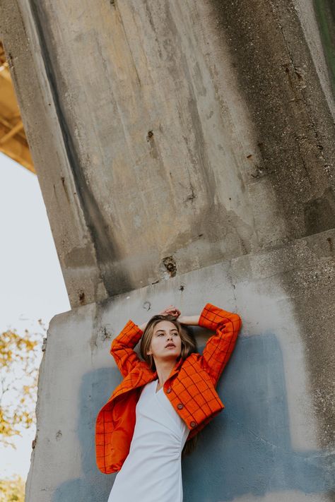 Under Bridge Photoshoot, White Dress And Heels, Industrial Photoshoot, Bridge Photoshoot, Under A Bridge, Street Photography Portrait, Under Bridge, Water Photoshoot, Asymmetrical Jacket