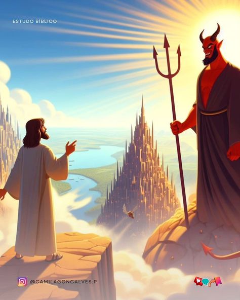 Temptation of Jesus Jesus Vs Devil, God Vs Devil, Jesus Tempted, Temptation Of Jesus, Angels Vs Demons, God Anime, Church Backgrounds, Christ Artwork, Jesus Christ Artwork