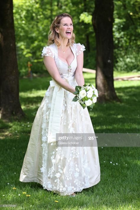 News Photo : Monica Ivancan, wearing a wedding dirndl by... Dirndl Wedding Dress, Drindl Dress, German Traditional Dress, Snow White Wedding, Wedding Dirndl, Germany Wedding, Astrid S, Sage Wedding, Dirndl Dress