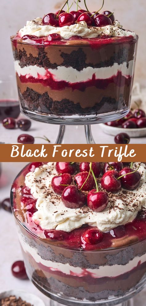 Black Forest Trifle Recipe | Cheff Recipes Black Forest Parfait, Black Forest Truffle, Cherry Trifle Bowl, Black Forest Cake Trifle, Black Forest Torte, German Black Forest Cake Recipe, Black Forest Brownies Recipes, Chocolate Trifle Cake, Winter Trifle Desserts