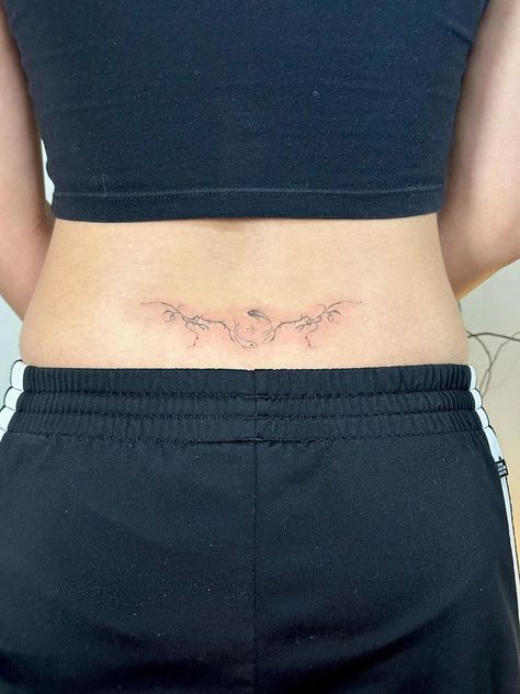 Lower Back Ocean Tattoo, 90s Lower Back Tattoo, Tramp Stamp Abstract, Dainty Lower Back Tattoos For Women, Lower Back Tattoo Ideas For Women, Classy Lower Back Tattoos, Pisces Tramp Stamp, Koi Fish Lower Back Tattoo, Japanese Tramp Stamp