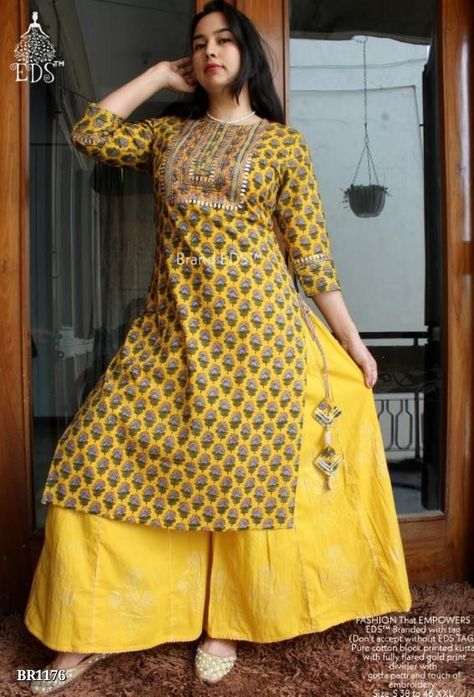 Yellow Divider, Block Printed Kurta, Beautiful Kurti, Kurti Top, Ethnic Dresses, Womens Pants Design, Gotta Patti, Long Kurti, Kurti Neck