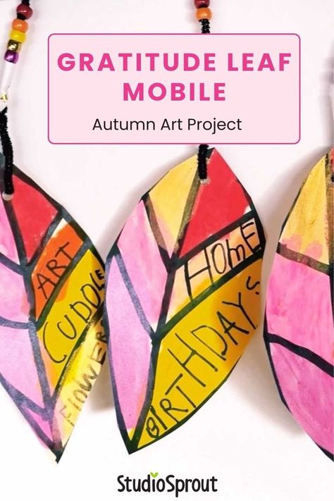 Bring the beauty of autumn into your home with this gratitude leaf mobile. It's not just an art project; it's a way to inspire your child or student to reflect on what they are thankful for. It can be a perfect Thanksgiving activity and autumn art project. Save this pin from Studio Sprout because gratitude activities are also wonderful year round! Gratitude Crafts, Leaf Mobile, Thanksgiving Art Projects, Homeschool Art Projects, Thanksgiving School, November Crafts, Gratitude Activities, Thanksgiving Projects, Fall Arts And Crafts