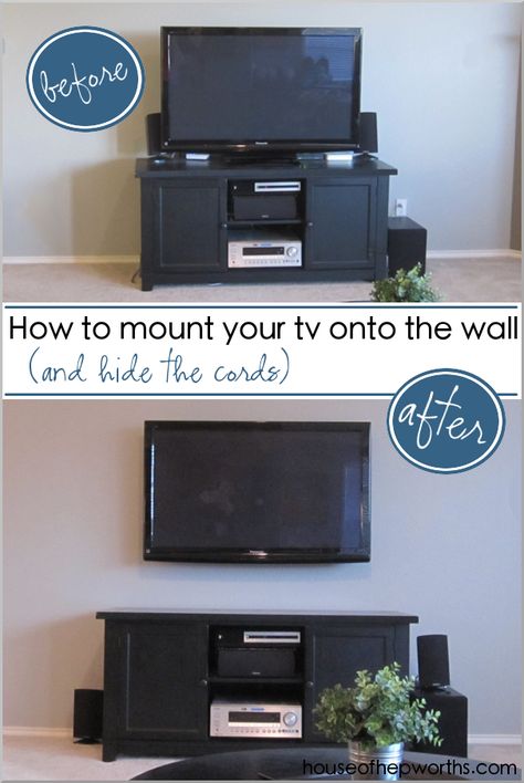 How to mount your tv to the wall and hide the cords www.houseofhepworths.com Mount Tv On Wall, Hiding Tv Cords On Wall, Tv On Wall, Hide Tv Cords, Tv On The Wall, Tv Cords, Mount Tv, Hide Cords, Hidden Tv