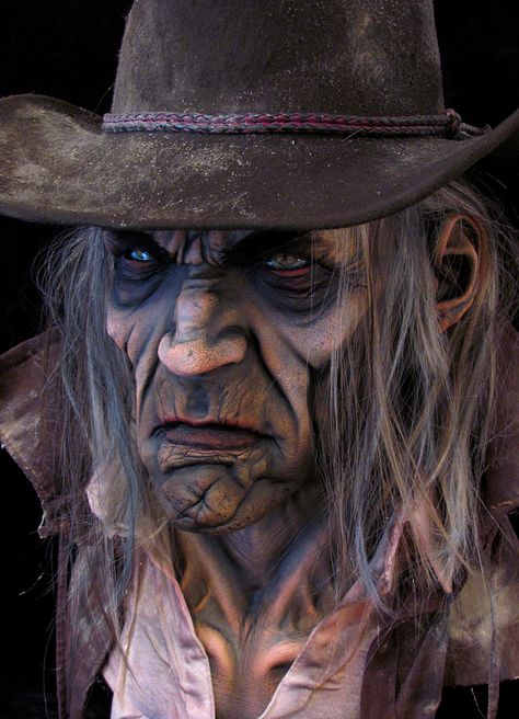 Gunslinger Creepy Cowboy, Zombie Cowboy Makeup, Cowboy Makeup, Undead Makeup, Creepy Makeup, Monster Makeup, Prosthetic Makeup, Zombie Makeup, Special Fx Makeup