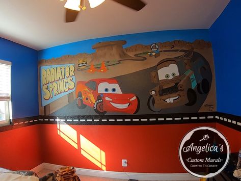 Lighting Mcqueen Room, Lightning Mcqueen Room, Disney Cars Room, Cars Mural, Room Murals, Baby Q Shower, Car Room, Radiator Springs