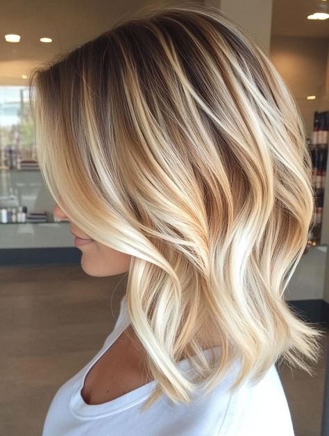 Elevate short hair with balayage: stunning ideas for every style and color Blonde Balayage Hairstyles, Blond Hair Ideas Highlights, Blonde Long Bob With Layers, Balayage Bob Blonde, Low Maintenance Blonde Hair Short, Beach Wave Haircut, Blonde Balayage Shoulder Length, Short Hair Ombre Balayage, Candice Cameron Bure Hair