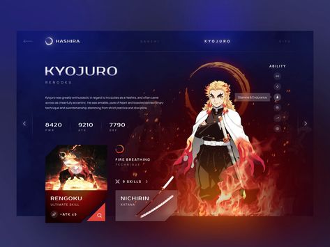 Anime Portfolio Design, Demon Slayer Powerpoint, Fantasy Website Design Inspiration, Web Profile Design, Anime Website Design, Game Character Profile, Profile Layout Design, Profile Web Design, Dashboard Design Template