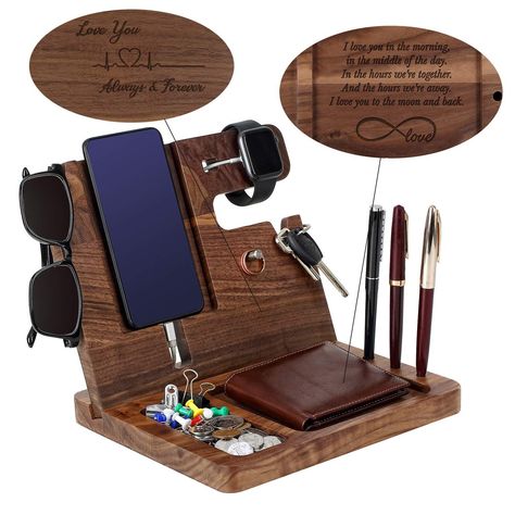 that keeps your essentials close at hand. Great gift idea for Father's Day, birthday, or any other special occasion. #mensgift #fathersdaygift #birthdaygift Nightstand Organizer, Boss Birthday Gift, Phone Docking Station, Wooden Docking Station, Halloween Costumes To Make, Key Holder Wallet, Watch Organizer, Wooden Organizer, Best Gifts For Him