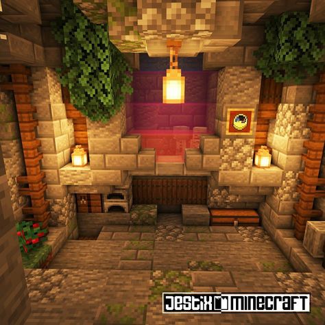 Cute Minecraft Basement Ideas, Minecraft Basement Design, Aesthetic Minecraft Cave Builds, Cave Interior Design Minecraft, Minecraft Cave House Interior, Minecraft Cave Aesthetic, Midevil Minecraft Interior, Minecraft Cave Enchantment Room, Minecraft Basement