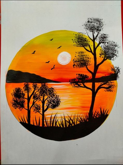 Art for kids for intermediate students through acrylic.Painting directly with the brush. Senery Drawings For Kids, Circle Glass Painting, Colour Wheel Ideas, Easy Silhouette Paintings, Acrylic Glass Painting Ideas, Intermediate Painting, Sunset Canvas Painting, Draw Step By Step, Sky Art Painting