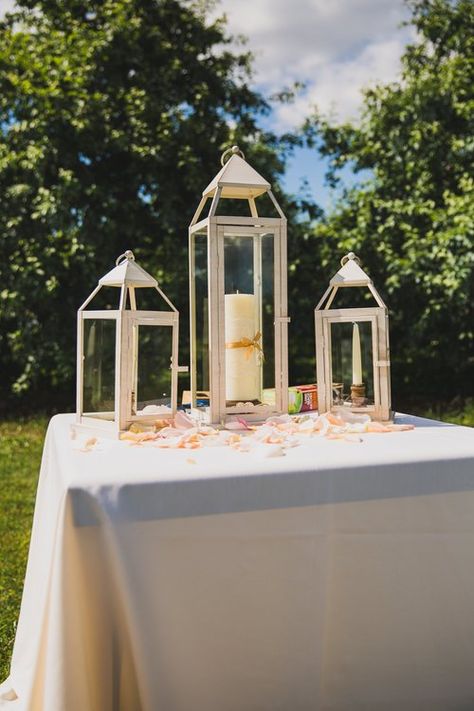 These lanterns were absolutely beautiful for our outdoor unity candle ceremony. Listing includes 1 large (8"x8"x25") and 2 small (6.5"x6.5"x15.7") sized lanterns. These are in perfect condition as they were only used once for the ceremony. Outdoor Unity Candle Ideas, Unity Candle Outdoor Wedding, Unity Candle Lantern, Unity Candle Ideas, Wedding Ceremony Candles, Flower Arrangements For Church, Candles Outdoor, Candle Ceremony, Diy Floating Candles