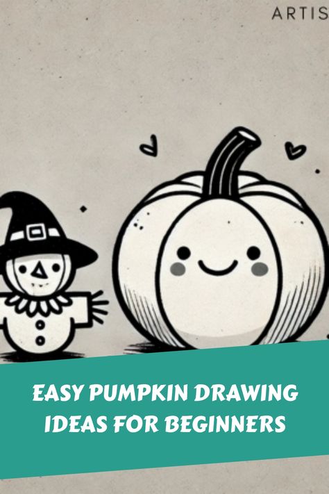 Cute cartoon pumpkin and scarecrow with happy expressions, promoting beginner-friendly drawing ideas. Scary Pumpkin Drawing, Easy Pumpkin Designs, Pumpkin Drawing Ideas, Pumpkin Sketch, Scary Pumpkin Faces, Drawing Ideas For Beginners, Beginner Artist, Polka Dot Pumpkin, Fall Drawings