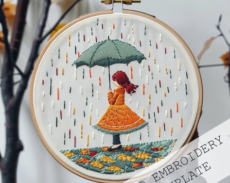 PDF Pattern, Floral Watering Can, Embroidery Pattern, Garden Design - Etsy Umbrella Embroidery Design, Rain Embroidery, Umbrella Embroidery, Art Umbrella, Umbrella Design, Woman Hand, Autumn Rain, Embroidery Template, Umbrella Designs