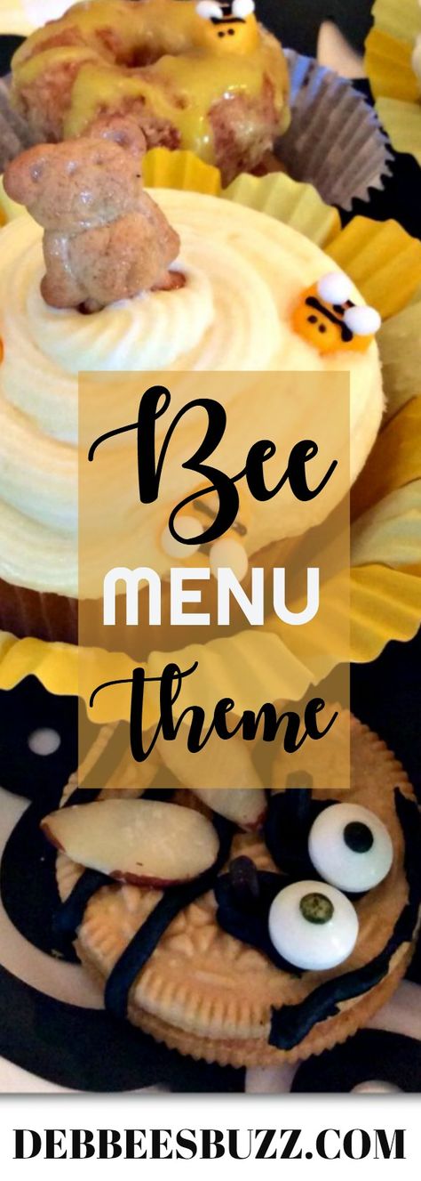 A bee theme party food menu featuring honey and lemon flavors, included beverages, appetizers, and desserts served on bee and garden themed tableware. #bee #beepartyfood #menuideas #partyfood Bee Baby Shower Food, Decorative Desserts, Bee Birthday Theme, Mexican Fruit, Party Food Menu, Bee Themed Birthday Party, Diwali India, Art Techno, Celebration Dance