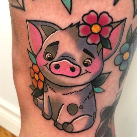 Pua Moana Tattoo Disney Foot Tattoo, Moana Tattoos, Hawaiian Flower Tattoos, Disney Sleeve Tattoos, Pig Tattoo, Disney Sleeve, Stitch Tattoo, Bestie Tattoo, Semicolon Tattoo