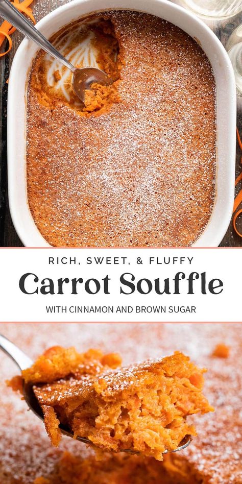 Perfectly sweet carrot soufflé will take your holiday table up a notch! With some very simple ingredients, you'll have a light and fluffy crowd-pleasing side dish. Carrot Recipes Side Dishes, Carrot Souffle, Easy Holiday Side Dishes, Sweet Potato Souffle, Souffle Recipes, Sweet Carrot, Bon Appetite, Carrot Recipes, Veggie Dishes