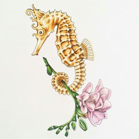 Seahorse Flower Tattoo, Floral Leg Tattoo, Seahorse Tattoos, Seahorse Illustration, Seahorse Artwork, Sea Life Tattoos, Seahorse Tattoo, Ocean Drawing, Animals And Flowers