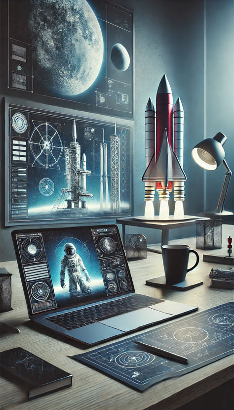 Set up for the Scientist! #engineer #student #study #desksetup #futuristic #goals Engineer Desk, The Scientist, Desk Setup, Rocket, Vision Board, Engineering, Desk