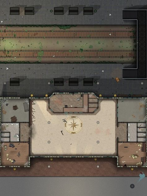 Train Station Battlemap, Factory Battlemap, Dnd Underground Tunnel Map, Dnd Warehouse Map, Warehouse Battlemap D&d, Post Apocalyptic Games, Delta Green, Train Map, Fallout Rpg