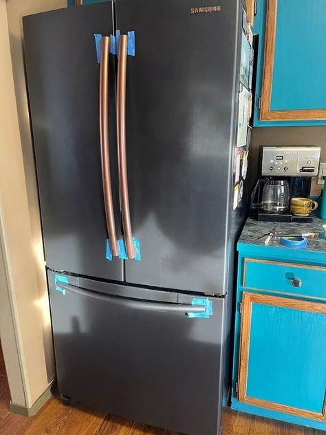 Paint Stainless Steel Fridge, Kitchen With Black Stainless Appliances, Knotty Pine Kitchen Cabinets Makeover, Pine Kitchen Cabinets Makeover, Paint Kitchen Appliances, Paint Stainless Steel Appliances, Painting Oven, Painted Appliances, Knotty Pine Kitchen Cabinets