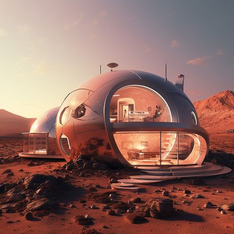 House on Mars Retrofuturism House, Observatory House, Mars House, Futuristic Restaurant, Cyberpunk House, Imaginary City, Urban Block, Mars Colony, Life In Space