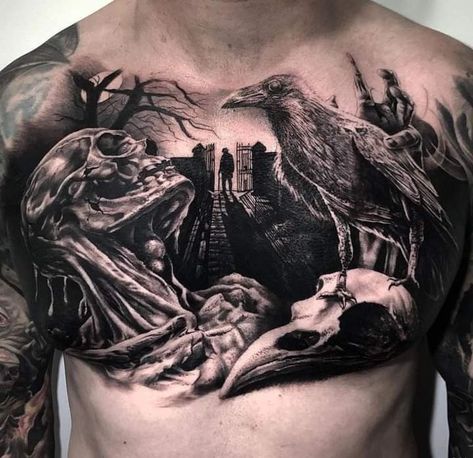 Dark Chest Tattoo, Graveyard Tattoo, Memento Mori Tattoo, Horror Movie Tattoos, Animal Sleeve Tattoo, Chest Ideas, Movie Tattoos, Chest Piece Tattoos, Full Body Tattoo