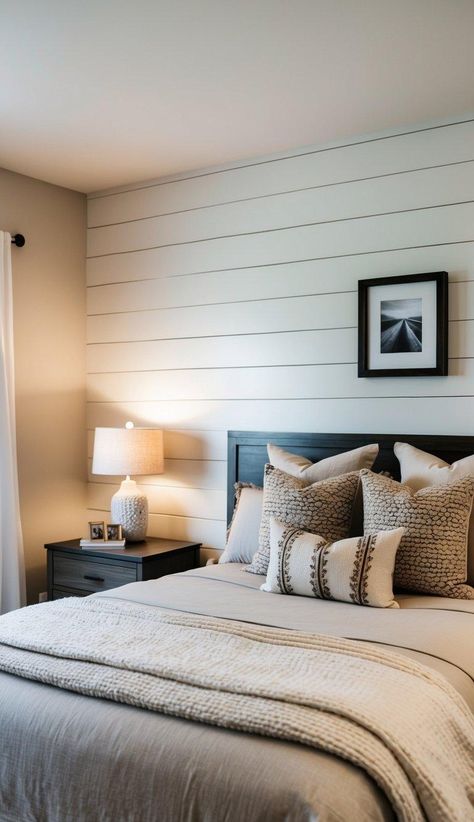 Stunning Accent Wall Ideas to Transform Your Bedroom 4 White Shiplap Accent Wall Bedroom, Center Wall Design, Herringbone Accent Wall Bedroom, Kids Bedroom Accent Wall, Light Accent Wall, Farmhouse Bedroom Accent Wall, Bedroom With Accent Wall, Accent Wall Behind Bed, Office Accent Wall